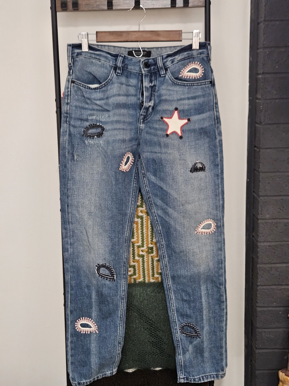 Blue Straight-Leg Jeans with Embroidered Patchwork